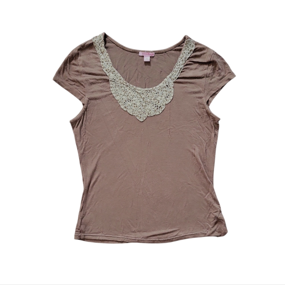 Y2K Spicy Sugar | Mocha Brown Cap Sleeve Top With Lace Neckline